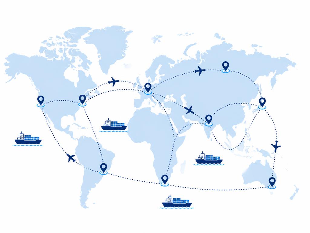 World map showing global shipping routes connecting ports and airports