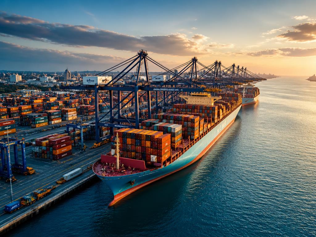 Aerial view of a cargo ship loaded with containers at a major international port